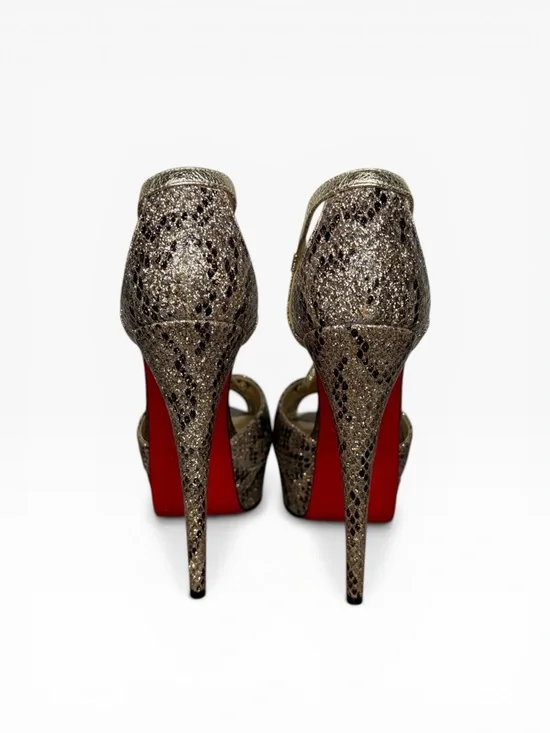 Christian Louboutin Metallic Gold Snake-Embossed T-Strap Platform Pump Size 37.5 - Picture 5 of 10
